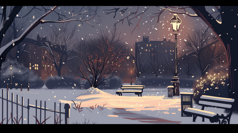 {{ Snow falls gently in a tranquil, lamplit park at night, casting a winter scene perfect for an HD desktop wallpaper or background. 