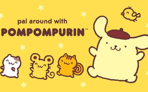 HD Anime Wallpaper featuring Sanrio's Pompompurin with friends on a yellow background, ideal for desktop and background use.