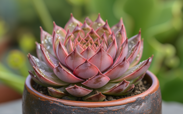 HD desktop wallpaper featuring a close-up of a red-tipped succulent plant in a terracotta pot with a blurred background.