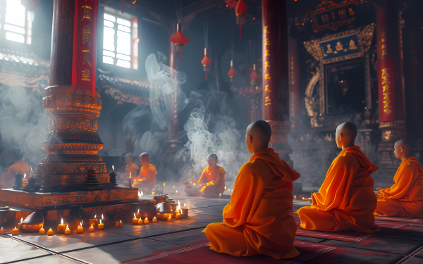 Monks meditating in a serene Buddhist temple with candles and incense, perfect for HD faith and religion-themed desktop wallpaper.