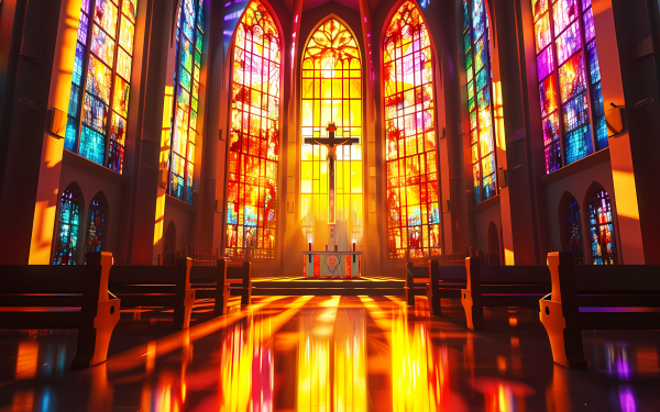 Sunlight streaming through colorful stained glass windows inside a church, creating a vibrant display of light on the floor, ideal for a faith-themed HD desktop wallpaper and background related to religion and architecture.