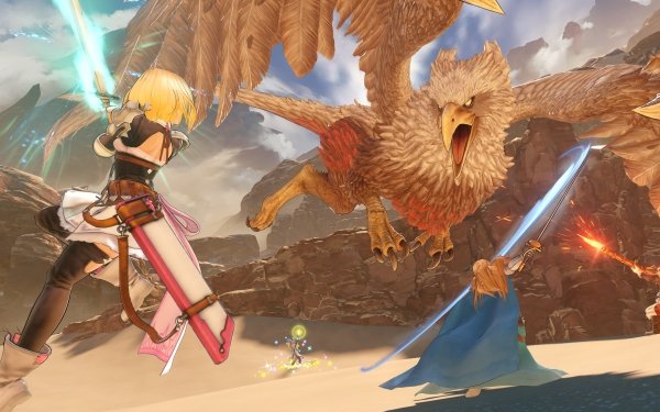 HD wallpaper of Granblue Fantasy: Relink showing dynamic battle scene with characters and a majestic bird creature, perfect for desktop backgrounds.