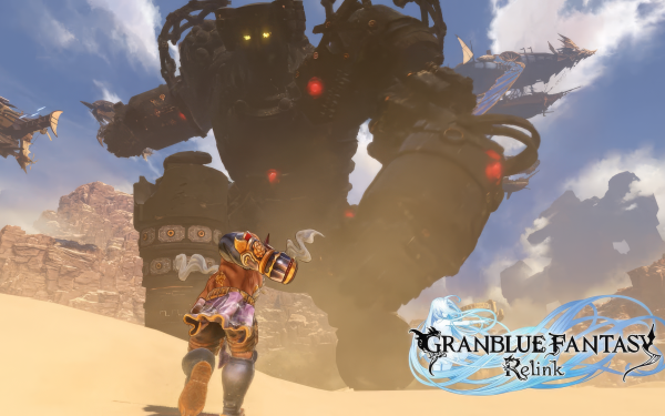 HD desktop wallpaper featuring a character facing a colossal robotic enemy in Granblue Fantasy: Relink video game.