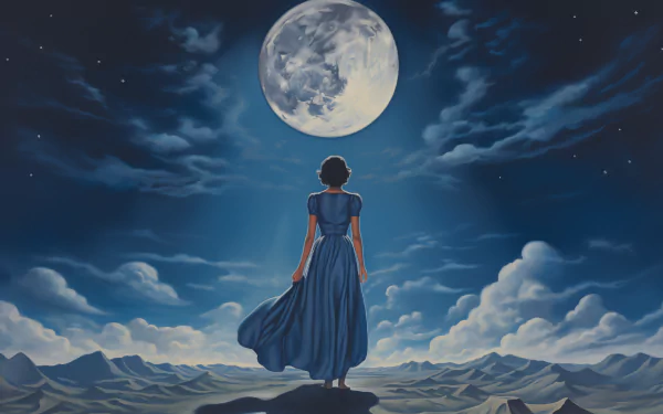 HD wallpaper of a woman in a blue dress standing before a full moon with a starry sky and mountainous landscape as the background.
