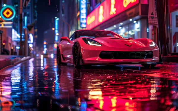 A red Chevrolet Corvette parked on a wet city street at night with neon signs reflecting on the pavement, HD desktop wallpaper and background.