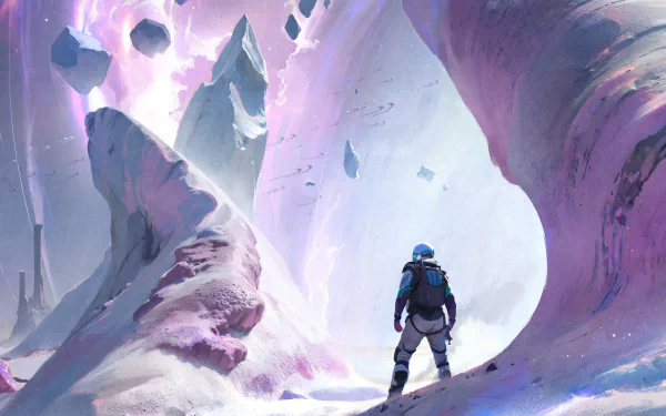 Astronaut exploring a stunning alien planet landscape HD desktop wallpaper and background with surreal purple hues and floating rocks.