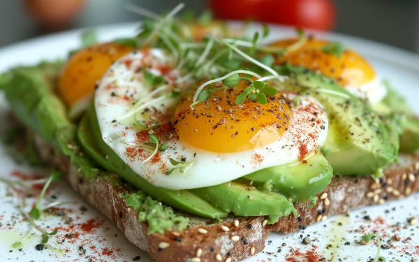 HD wallpaper of a delicious avocado toast with poached eggs, garnished with sprouts and spices, perfect for a breakfast background.