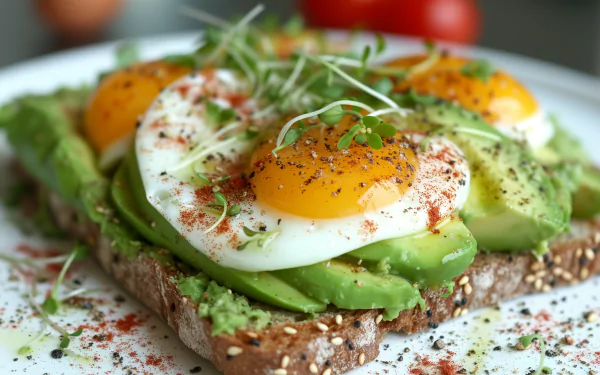 HD wallpaper featuring a delicious breakfast of avocado toast topped with perfectly cooked eggs, vibrant seasonings, and fresh greens for a fresh, appetizing look.