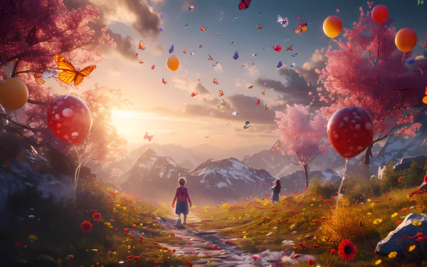 HD wallpaper featuring a joyful surreal landscape with colorful balloons, blooming cherry trees, and warm sunlight in a serene mountainous setting.