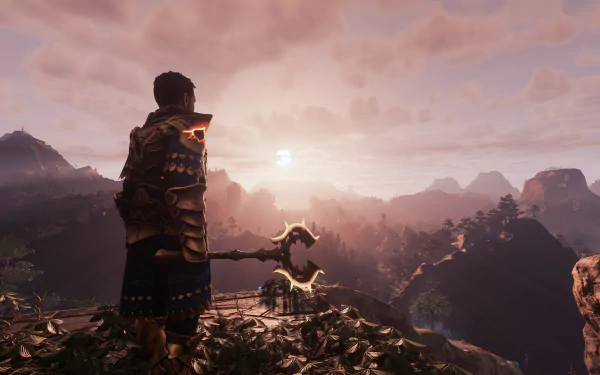 HD desktop wallpaper featuring a character from the video game Enshrouded observing a breathtaking sunset amidst mountainous terrain.