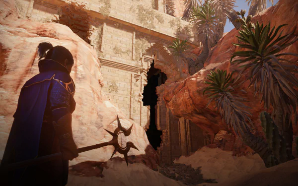 HD desktop wallpaper of Enshrouded video game featuring character in a desert environment with ruins and foliage.