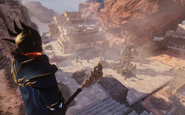 Enshrouded video game character overlooking a desert cityscape in HD desktop wallpaper.