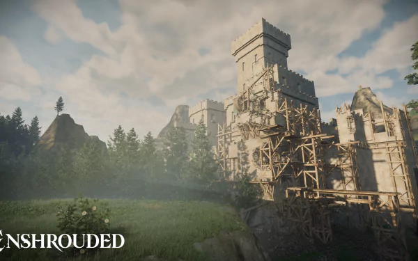 HD wallpaper of a medieval castle in the video game Enshrouded, featuring lush greenery and ruins under a soft-lit sky.