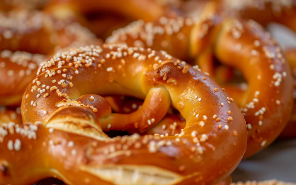HD desktop wallpaper featuring close-up of a freshly baked pretzel with salt crystals.