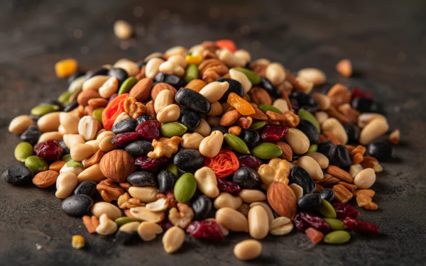 HD desktop wallpaper featuring a colorful heap of trail mix with nuts, seeds, and dried fruits on a textured dark background.