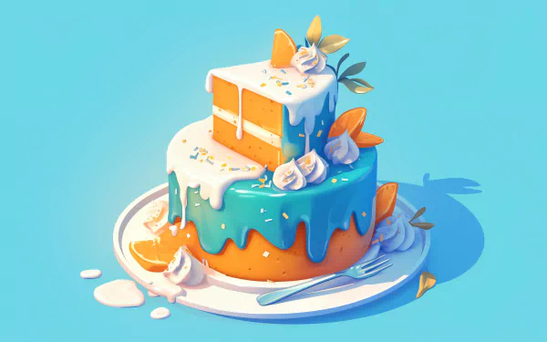HD desktop wallpaper featuring a vibrant two-tiered cake with blue icing drips and orange slices on a light blue background.