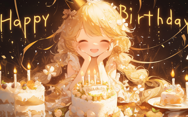Anime girl celebrating with a birthday cake with candles, surrounded by festive decorations and the words 'Happy Birthday' - HD desktop wallpaper and background.