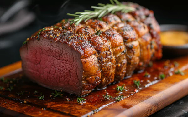 A beautifully roasted beef served on a wooden board, garnished with herbs, showcasing its succulent interior, making it an enticing centerpiece for Thanksgiving celebrations.