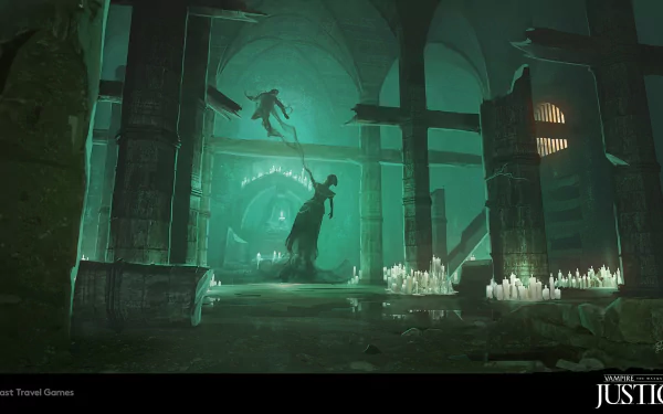 HD wallpaper featuring a mysterious scene from Vampire: The Masquerade - Justice video game with a gothic atmosphere, depicting characters in a dark, ancient crypt setting with eerie green lighting.