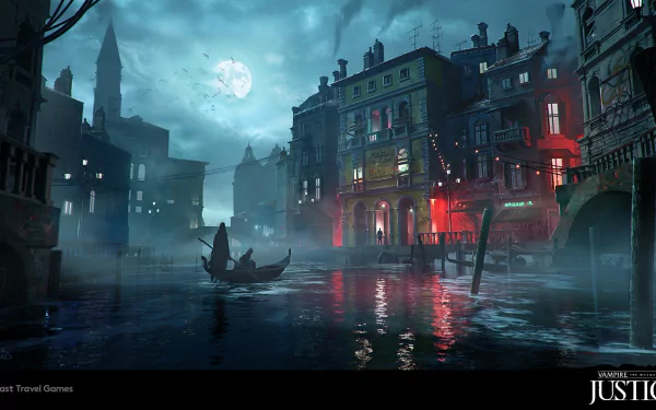 A captivating HD desktop wallpaper from the video game Vampire: The Masquerade - Justice, showcasing a moody cityscape with mist and a full moon reflected in the water.