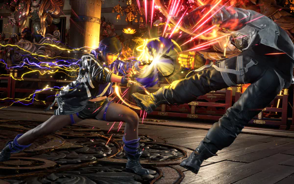 An action-packed HD wallpaper from Tekken 8 featuring Reina in a dynamic fight scene, showcasing vibrant energy effects and martial arts moves.