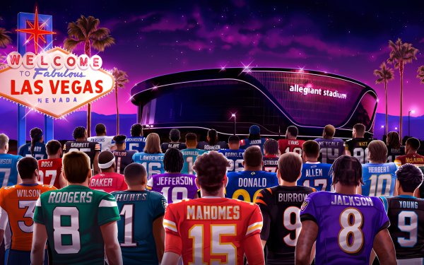 HD desktop wallpaper featuring NFL players gazing at Allegiant Stadium under a vibrant Las Vegas night sky, perfect for Super Bowl sports fans.