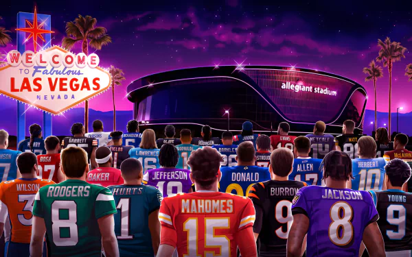 A vibrant HD wallpaper featuring NFL players in jerseys, standing before Allegiant Stadium in Las Vegas, celebrating the excitement of the Super Bowl and football.