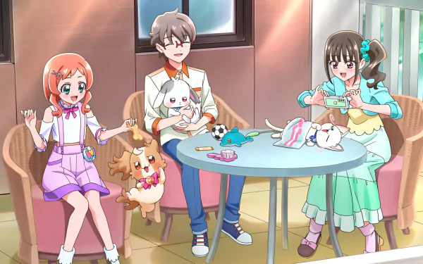 Cheerful characters from Anime Wonderful PreCure! gather around a table with adorable pets, creating a vibrant, HD desktop wallpaper full of joy and camaraderie.