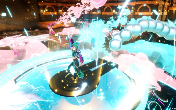 HD desktop wallpaper featuring dynamic action scene from the video game Foamstars with vibrant effects and character in the center.