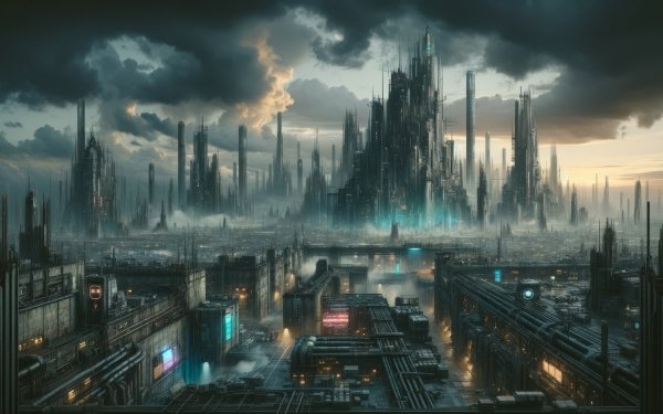 HD wallpaper of a dystopian futuristic city with towering skyscrapers under overcast skies, perfect for a desktop background.