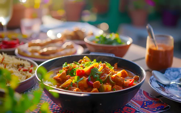 Vibrant HD desktop wallpaper featuring a delicious curry meal set on a table, surrounded by various dishes, representing a wholesome eating scene.