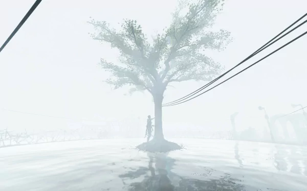 HD desktop wallpaper from the video game Ad Infinitum featuring a solitary tree in a misty, surreal landscape with wires extending from its branches, providing an eerie and atmospheric background.