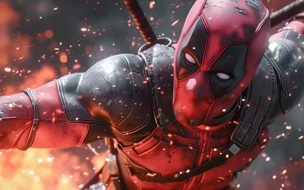 HD Deadpool fan art wallpaper featuring the superhero in action with dynamic sparks and explosion background.