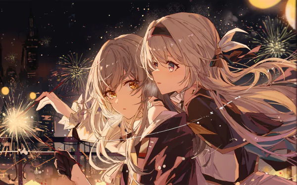 HD PC desktop wallpaper featuring Firefly and Stelle from the video game Honkai: Star Rail against a vibrant night sky with fireworks.