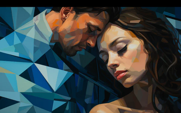 HD desktop wallpaper featuring a stylized illustration of a couple embracing with a geometric background.