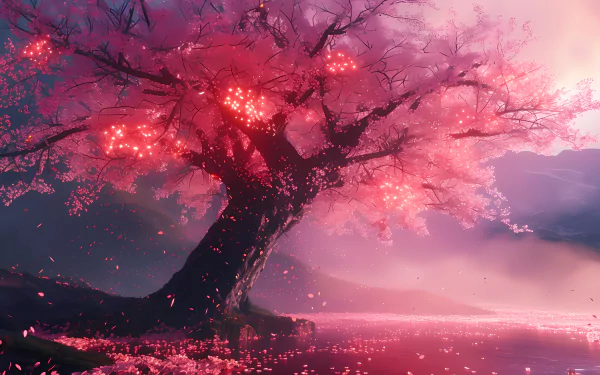 Stunning HD wallpaper of a vibrant sakura tree in full bloom by a serene lake, perfect for a desktop background.