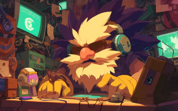 HD desktop wallpaper featuring the animated character Dr. Robotnik in a colorful and detailed tech lab setting