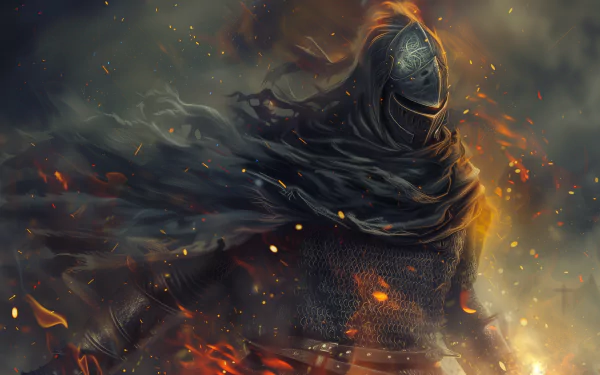 HD Dark Souls III wallpaper showing a mysterious armored knight amidst fiery embers perfect for a gaming desktop background.