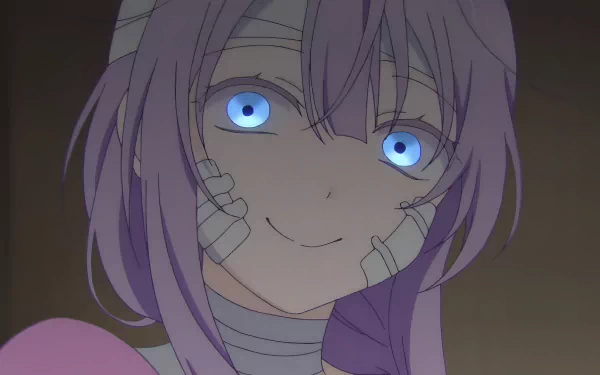 HD Wallpaper of Satō Matsuzaka from Happy Sugar Life Anime with a mysterious smile and bright blue eyes