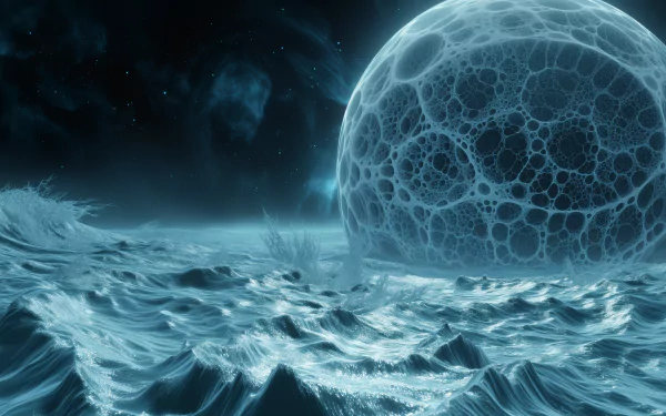 HD desktop wallpaper featuring a sci-fi landscape with a textured moon, ocean waves, and a starry sky.
