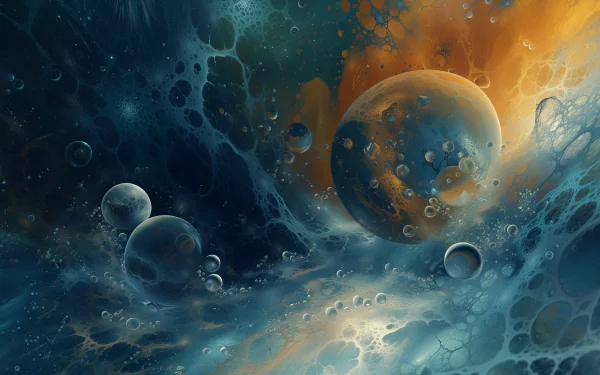 HD desktop wallpaper featuring an artistic representation of a cosmic scene with celestial water-themed bubbles and planets in blue and orange tones.