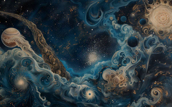 Artistic HD desktop wallpaper featuring a wave-like, blue cosmic design with swirling galaxies and celestial bodies.