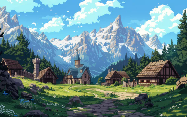 HD pixel art desktop wallpaper depicting a quaint town nestled in nature, with a backdrop of majestic mountains.