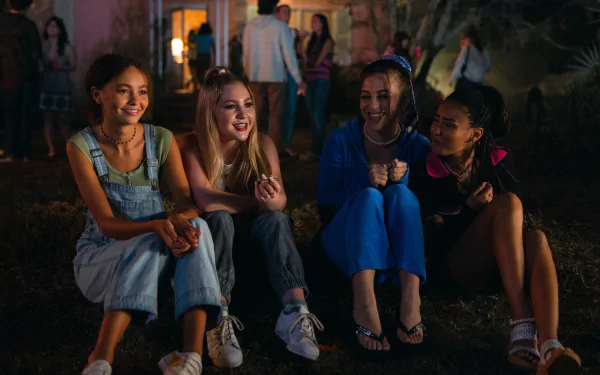 HD wallpaper of a scene from the movie Suncoast (2024), featuring four young women enjoying an evening outdoors.