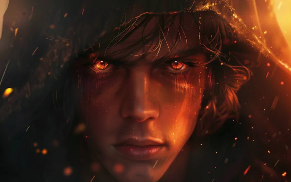 HD wallpaper featuring an artistic depiction of Anakin Skywalker from Star Wars, with intense eyes and a dramatic, ember-like glow surrounding him.