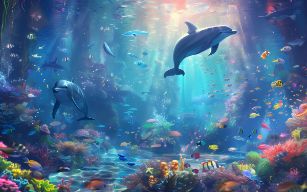 HD wallpaper of dolphins swimming in a vibrant digital aquarium background with colorful coral reefs and marine life.