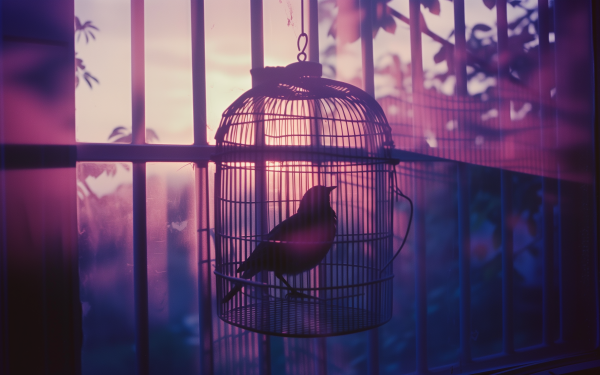 Silhouette of a bird in a cage against a sunrise or sunset background, with a purple hue for an HD desktop wallpaper and background.