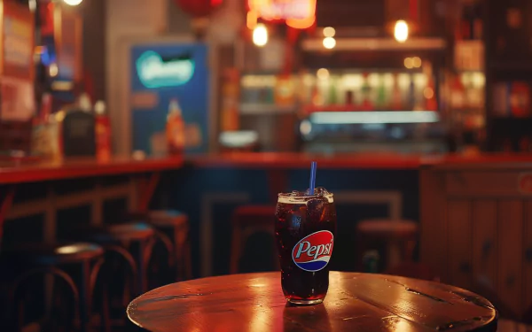 HD desktop wallpaper of a Pepsi glass on a table in a warmly lit vintage-style bar.