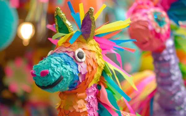 Colorful unicorn piñata HD desktop wallpaper background with vibrant streamers.