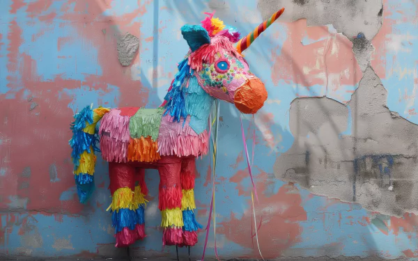 Colorful unicorn piñata against a grunge wall HD wallpaper.